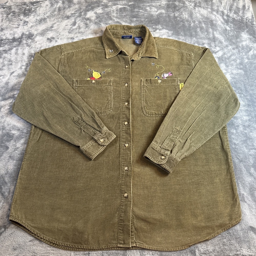 Vintage Disney Pooh Corduroy Shirt Medium Olive Green Embroidered Winnie Pooh